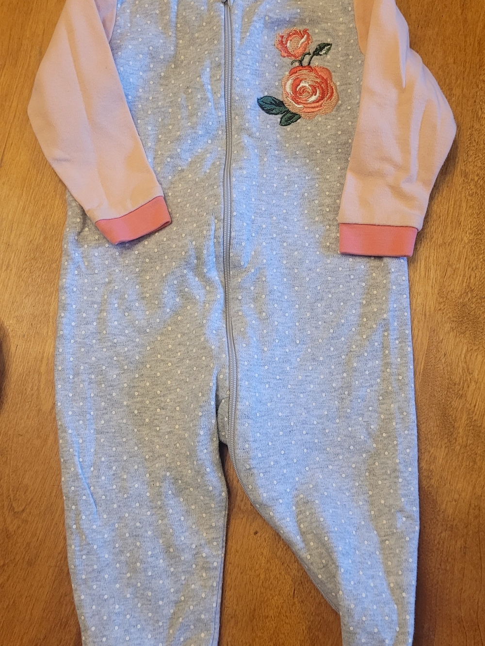 Girls' Gray & Pink Rose Embroidered Zip-Up Footie
